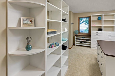 Inspiration for a traditional storage and wardrobe in Minneapolis with white cabinets.