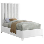 Meridian Furniture - Enzo Velvet Bed, White, Twin - Create a bold yet welcoming sanctuary in your bedroom with this Enzo White Velvet Twin Bed. The chrome channel design features velvet fabric upholstery for a sleek, glamorous look. The chrome legs provide support for the plank-style base, ensuring durability and long-lived beauty. Full slats are included, making setup easy and quick. No box spring is required with this bed, so you can use it with your choice of mattress.