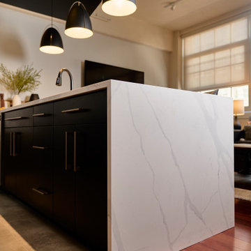 Modern Kitchen Remodel: Quartz Mitered Waterfall Island | Denton, TX