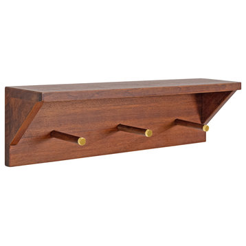 Hinter Wood Shelf with Pegs, Walnut Brown 3 Hooks