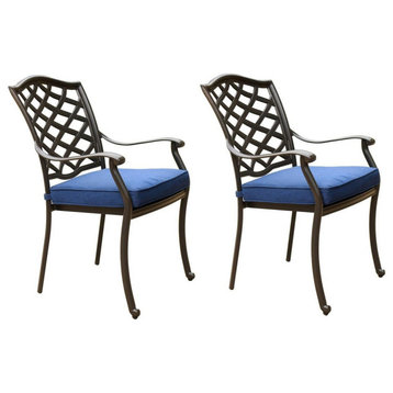 Fletcher Aluminum Dining Arm Chair With Cushion, Set of 2, Blue Olefin