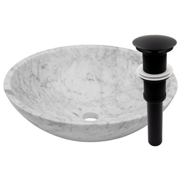 Novatto Carrara White Marble Vessel Sink and Drain, Matte Black