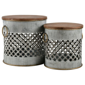 Set of 2 Wooden Stool  Open Mesh Form Whitewashed Galvanized Metal Bases