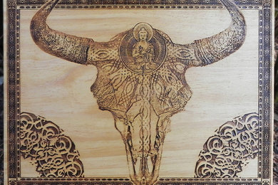 Cow Skull wooden art panel laser engraved with Buddha elements