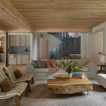 Antique Elm Ceiling and Box Beams in Wabi-Sabi Lakeside Living Room
