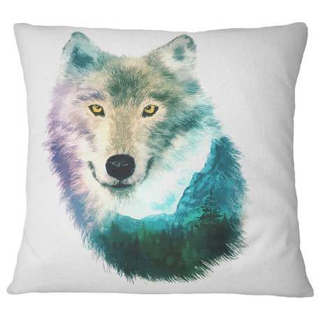 Wolf Head Double Exposure Drawing Animal Throw Pillow, 16"x16"