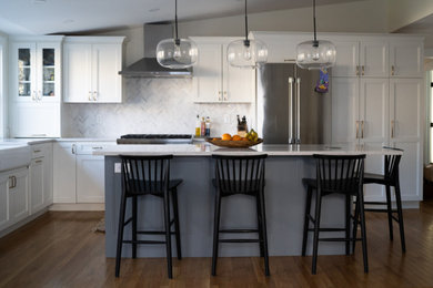 Example of a large transitional l-shaped light wood floor eat-in kitchen design in Boston with a farmhouse sink, shaker cabinets, blue cabinets, quartz countertops, mosaic tile backsplash, stainless steel appliances and an island