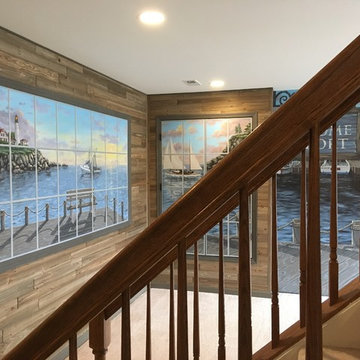 New England Harbor Town Mural, hand painted throughout a lower level