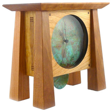 Prairie Style Wood Mantel Clock With Copper Face and Pendulum
