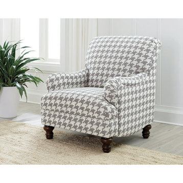 Modern Farmhouse Accent Chair, Turned Feet With Gray Patterned Upholstered Seat