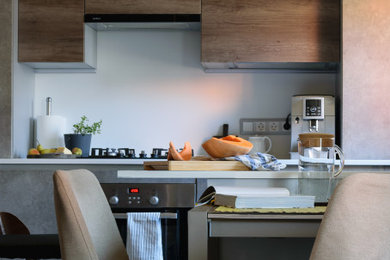 Идея дизайна: параллельная кухня в современном стиле с обеденным столом и островом