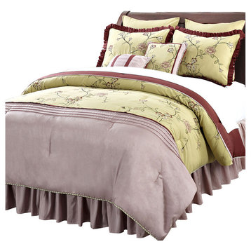 Terrace Comforter 12 Piece Bed Set, Green and Wine, Queen