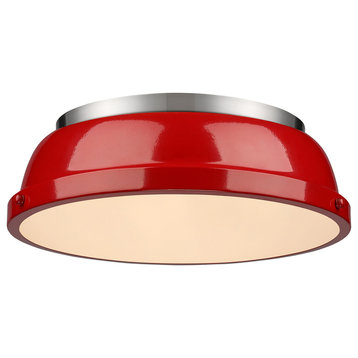 Golden Lighting 3602-14 PW-RD Duncan 14" Flush Mount in Pewter with a Red Shade