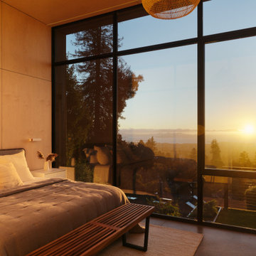 Bedroom with panoramic San Francisco Bay views at sunset - Fold House