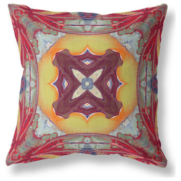 18" Red Yellow Geo Tribal Suede Throw Pillow