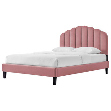 Platform Bed Frame, Full Size, Pink, Velvet, Modern, Bedroom Master Guest Suite