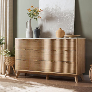 54" Fluted 6-Drawer Dresser - Mid Century Modern Chest with Faux Marble Top
