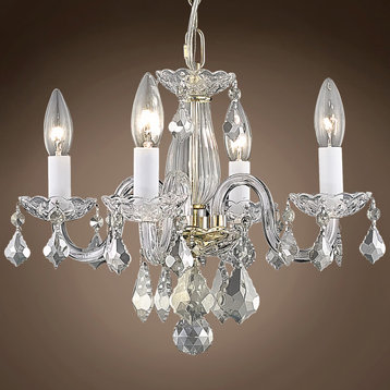 Victorian 4 Lt 15" Gold Chandelier With Clear Swarovski Crystals & Led Bulbs