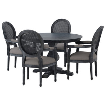 Bryan French Country Upholstered Wood and Cane 5-Piece Circular Dining Set, Gray