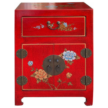 Chinese Red Vinyl Moon Face Flower Birds End Table Nightstand Hcs7132