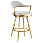 Armen Living - Justin 26" Swivel Counter Stool, Gold Brushed Stainless Steel and Silver Fabric - Add a dose of polish and elegance to your home with the Justin Swivel Upholstered Counter or Bar Height Stool with a Metal frame by Armen Living. Stylish and beautifully minimalistic, our barstool is set to make an eye-catching statement in any space. Its floating and beautifully contoured backrest offers contemporary drama. The modern open back offers a design that flows seamlessly into the arms, as if giving you and your guests a soft hug. The Justin barstool is generously padded with high-density foam to ensure a comfy stay. Our barstool is upholstered in performance fabric or high-quality faux leather to offer lasting style and comfort. Perched upon round and tapered metal legs that include floor protectors, this stool makes a sophisticated impact anywhere from your kitchen to your home office. It remains a chic and elegant fit for your kitchen island, pub table, home bar, or adjustable desk. The stool includes a built-in circular footrest to offer a comfortable sitting experience. Its smooth 360-degree swivel function allows for maximum mobility, enabling you to change directions and follow conversations with ease. The Justin Swivel Counter or Bar Height Stool comes in several different finishes, colors, and textile combinations to make a sleek and fashion-forward statement in any home. Choose whichever design suits your space, and enjoy this minimal assembly barstool that is sure to stand out!