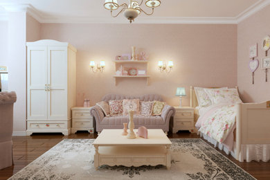 Example of a large cottage chic girl medium tone wood floor and brown floor kids' room design in New York with pink walls