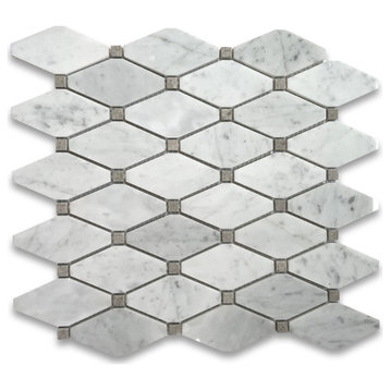 Long Octave Rhomboid Carrara Marble Mosaic Tile w/ Gray Dots Polished, 1 sheet