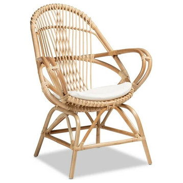Bohemian Accent Chair, Natural Rattan Frame With Ergonomic Arms, Cushioned Seat
