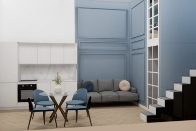 Immagine di un soggiorno minimal con parquet chiaro