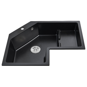32" Modern Black Drop In Corner Kitchen Sink Single Bowl Quartz Irregular, Right Corner