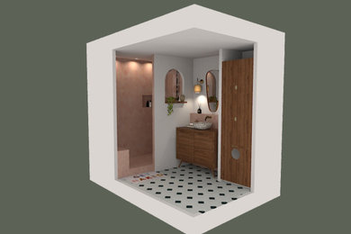 Réalisation d'une salle de bain en bois foncé avec un carrelage rose et un lavabo posé.