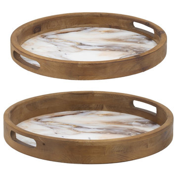 Benzara BM286373 18, 15" Round Tray, Marble Effect, Brown Fir Wood Frame