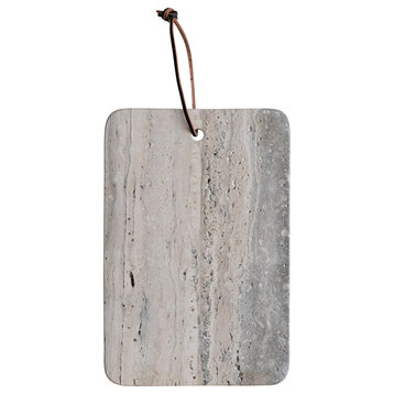 Wide Travertine Cheese Slicer and Cutting Board With Leather Tie, Natural