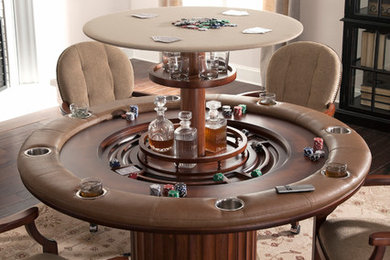Mid-sized elegant open concept dark wood floor game room photo in Orange County with beige walls, no fireplace and no tv