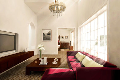 Photo of a large traditional open plan living room in Other with a home bar, white walls, carpet, a wall mounted tv and brown floors.