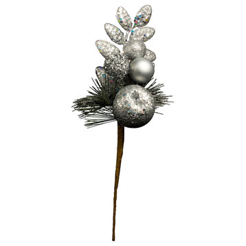 11" Silver Glittered Christmas Pick With Apple & Ball