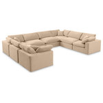 Meridian Furniture - Comfy Upholstered U-Shaped Modular Sectional, Beige, 8-Piece: 4 Armless Chair, 4 Corner Chair, Velvet - Give your space a whole new look with this beige Comfy velvet sectional. This handsome sectional fits nicely with other items in the Comfy collection and is a versatile seating option designed for adaptability, comfort and style. Wrapped in rich beige durable velvet upholstery, this sectional offers a plush embrace of overstuffed down feather cushions, carefully crafted to deliver the highest level of comfort. The perfect seat for creating an oasis for relaxation, this sectional has thick foam surrounding its frame for added support and coziness.
