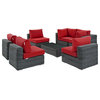 Modern Outdoor Lounge Sectional Sofa Set, Sunbrella Rattan Wicker, Gray Red