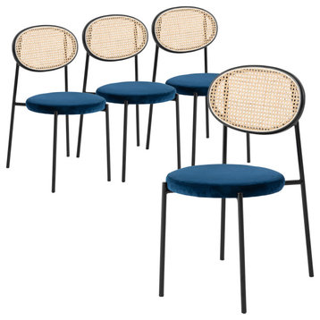 LeisureMod Euston Dining Chair with Wicker Back & Velvet Seat Set of 4 Navy Blue