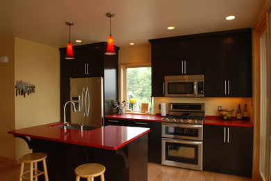 Small trendy single-wall kitchen pantry photo in Other with a farmhouse sink, flat-panel cabinets, dark wood cabinets, quartz countertops, stainless steel appliances and an island