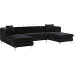 Meridian Furniture - Gail Velvet 3-Piece Sectional, Black - Bring fine living to the forefront with this Gail three-piece sectional. This black-colored sectional features two chaise ends, giving you the room you need to snuggle up and get comfortable on movie night. The upholstery is made from velvet and simply luxurious to the touch. Deep tufting all over the backs and sides of this unit add to its glamorous vibe, while the chromed legs finish off the design on a modern note. This sectional comes with pillows for added comfort and style.