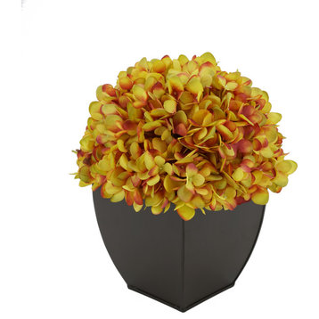 Artificial Hydrangea in Matte Brown Tapered Zinc Cube, Gold