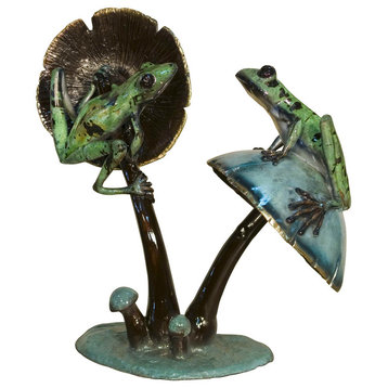 Two Frogs Resting On Mushrooms  Bronze Sculpture, Special Patina Finish