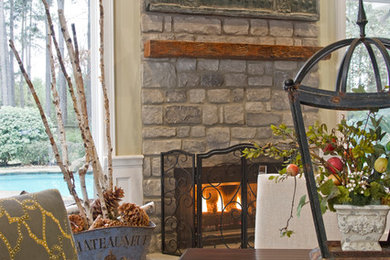 Dining room - huge transitional dark wood floor dining room idea in Houston with a standard fireplace and a brick fireplace