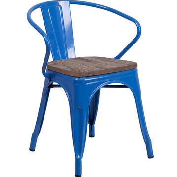 Blue Metal Chair with Wood Seat and Arms