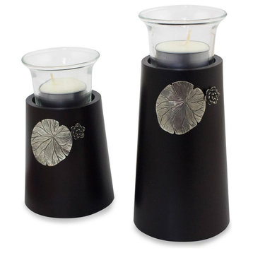 Lotus Light Wood and Pewter Candleholders, 2-Piece Set