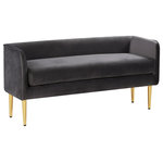 Meridian Furniture - Audrey Velvet Upholstered Bench, Gray - Sit or recline in exquisite comfort on this Audrey bench from Meridian Furniture. The grey velvet is smooth and soothing to touch, perfect for relaxing after a long day of activities. Underneath the bench are four golden legs for sturdy support with caps on each leg to protect your floors. The contemporary design suits modern households while the 20-pound weight makes it easy to move around as needed. Sit the bench in the living room for extra seating or by the front door for putting on shoes.