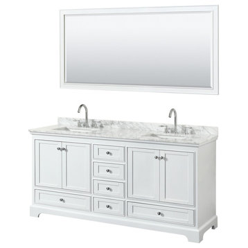 72" Double Bathroom Vanity, White, White Marble top, Square Sinks, 70" Mirror