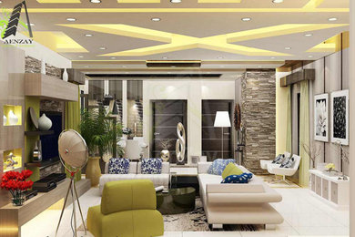 Modelo de salón con rincón musical abierto minimalista grande con paredes multicolor, suelo de mármol, televisor colgado en la pared y casetón
