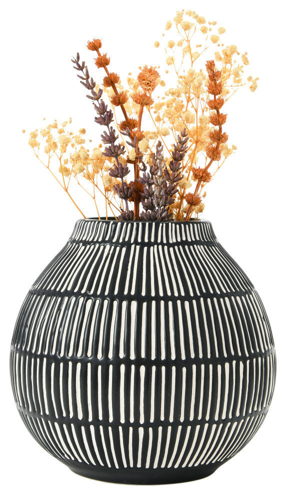 Debossed Stoneware Vase, Black/White
